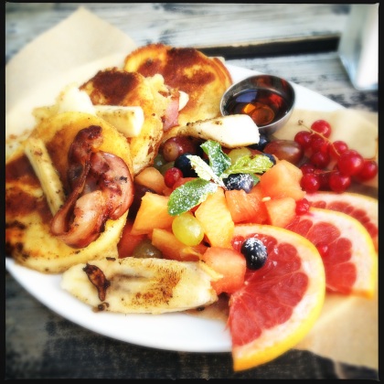 Last meal in Berlin. Brunch at Spreegeld. Pancakes with fried bananas, bacon and fruit.